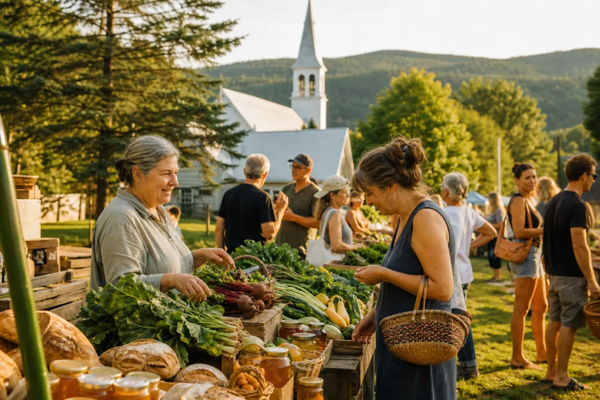 Marché local : productrice et citoyenne échangent autour de pain, miel et légumes frais, avec l’église du village en arrière-plan.