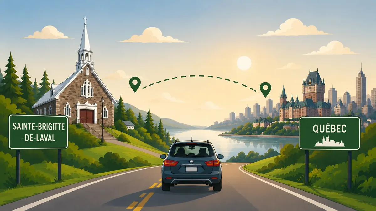 Vue de la plateforme Express SBDL : une voiture sur la route reliant Sainte-Brigitte-de-Laval à Québec, avec l’église locale et le Château Frontenac.